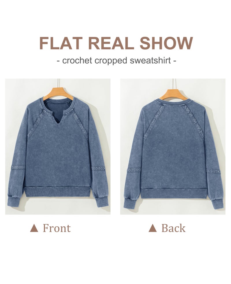 SELINK Womens Cropped Sweatshirts Lace Crochet Vintage Long Sleeve Tops Cute Notch Neck Pullover Fall Outfits Blue-L - Image 4