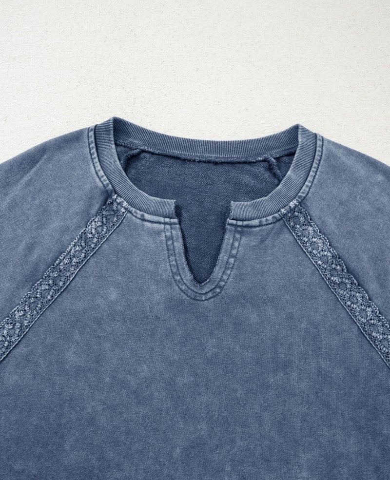 SELINK Womens Cropped Sweatshirts Lace Crochet Vintage Long Sleeve Tops Cute Notch Neck Pullover Fall Outfits Blue-L - Image 5
