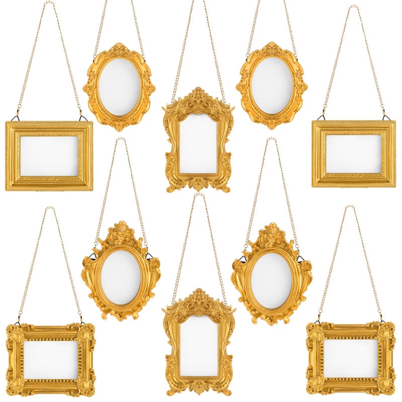 Qunclay 10 Pcs Small Gold Frames Mini Tiny Vintage Antique Baroque Ornate Resin Oval Hanging Picture Frames with Chain for Home Wedding Holiday Decor - Image 1