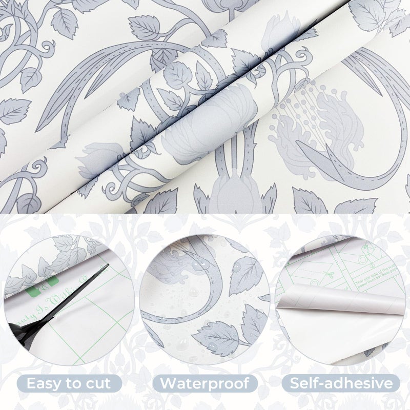 YXTII 17.3"Ã—78.7" Blue Floral Peel and Stick Wallpaper, Damask Vintage Wallpaper for Bedroom Bathroom Self Adhesive Removable - Image 2