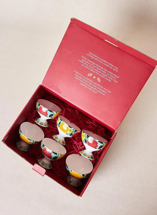 Chumbak Rani Bagh Dessert Bowls Gift Set - Set of 6, 160 ml | Palace Memoirs | Gold Rim
