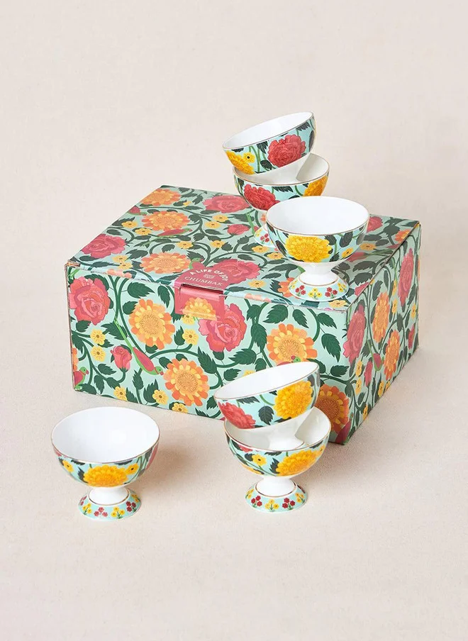 Chumbak Rani Bagh Dessert Bowls Gift Set - Set of 6, 160 ml | Palace Memoirs | Gold Rim