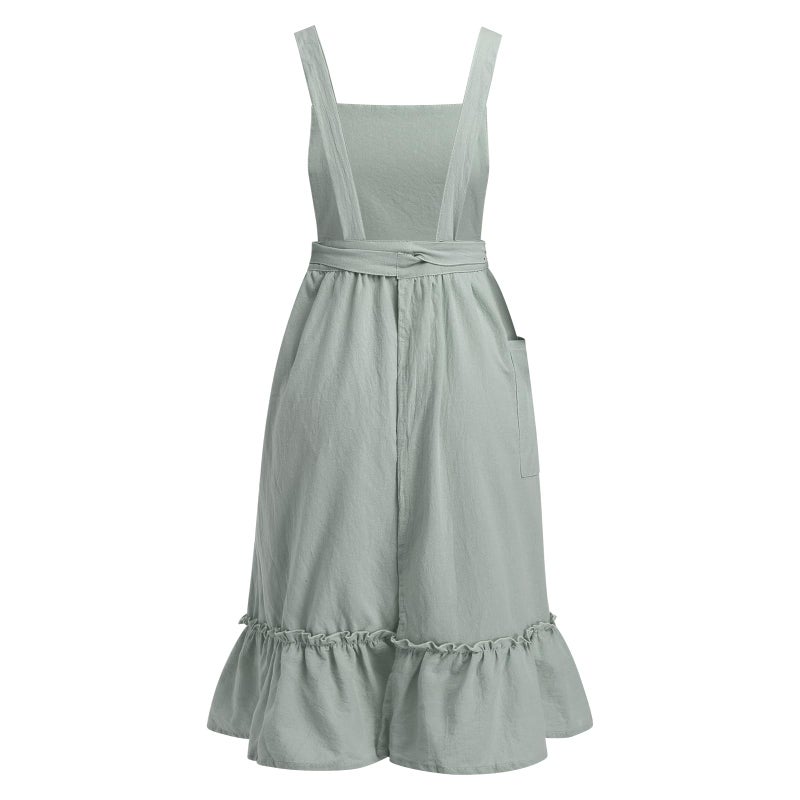 OBEEII Apron for Women Girls Cute Cotton Linen Kitchen Cooking Apron Dress with Pockets Vintage Ruffle Apron Pinafore Dress Baking Gardening Work Art Painting Florist Shop Overalls Green -ruffle One Size - Image 3