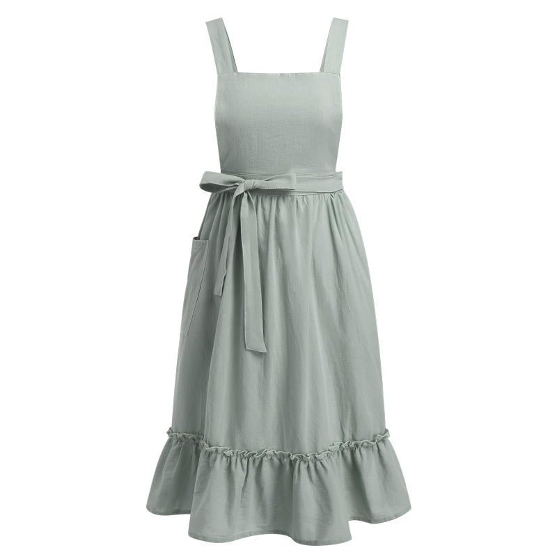 OBEEII Apron for Women Girls Cute Cotton Linen Kitchen Cooking Apron Dress with Pockets Vintage Ruffle Apron Pinafore Dress Baking Gardening Work Art Painting Florist Shop Overalls Green -ruffle One Size - Image 2