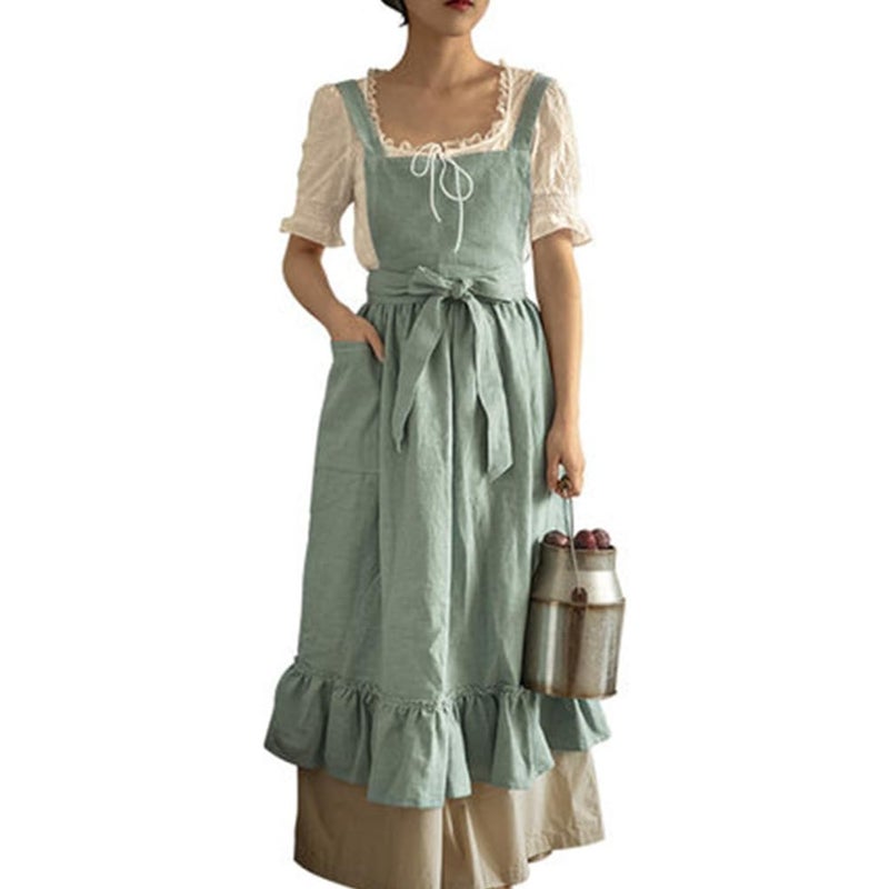 OBEEII Apron for Women Girls Cute Cotton Linen Kitchen Cooking Apron Dress with Pockets Vintage Ruffle Apron Pinafore Dress Baking Gardening Work Art Painting Florist Shop Overalls Green -ruffle One Size - Image 1