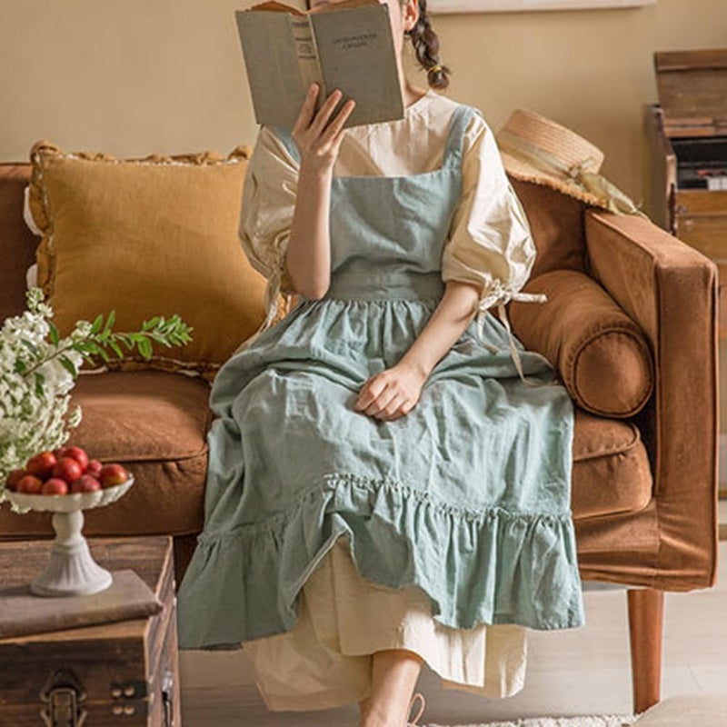 OBEEII Apron for Women Girls Cute Cotton Linen Kitchen Cooking Apron Dress with Pockets Vintage Ruffle Apron Pinafore Dress Baking Gardening Work Art Painting Florist Shop Overalls Green -ruffle One Size - Image 5
