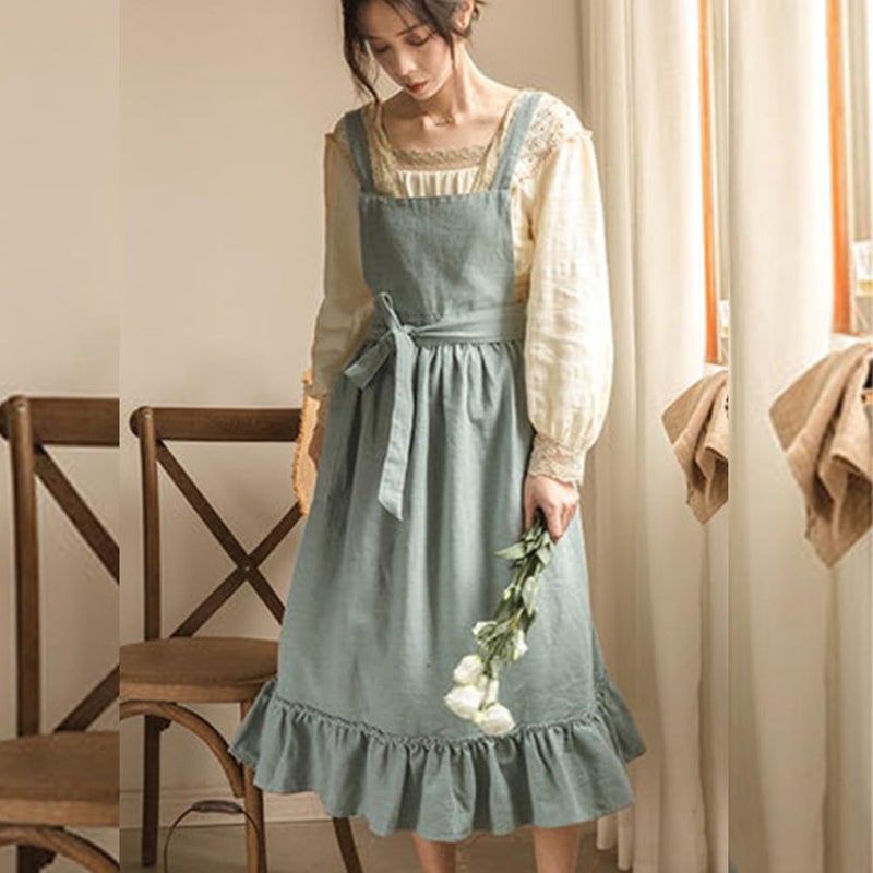 OBEEII Apron for Women Girls Cute Cotton Linen Kitchen Cooking Apron Dress with Pockets Vintage Ruffle Apron Pinafore Dress Baking Gardening Work Art Painting Florist Shop Overalls Green -ruffle One Size - Image 4
