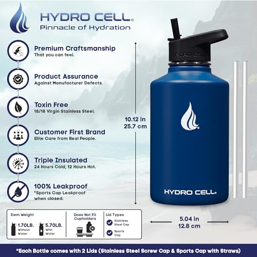 HYDRO CELL Stainless Steel Insulated Water Bottle with Straw - For Cold & Hot Drinks - Metal Vacuum Flask with Screw Cap and Modern Leakproof Sport Thermos for Adults (Navy 64oz) - Image 4