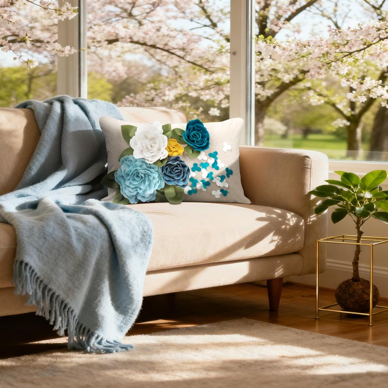 KINGROSE 3D Floral Throw Pillow Cover Decorative Pillowcase Handmade Cushion Covers for Living Room Bed Sofa Couch Spring Summer 12 x 20 Inches Blue - Image 3
