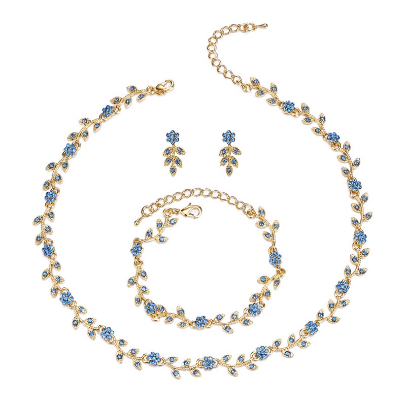 BriLove Wedding Jewelry Set for Women Bride, Gorgeous Stunning Crystal Flower Leaf Cluster Choker Necklace Link Bracelet Stud Earrings for Bridal Bridesmaid Blue Topaz Gold-Tone - Image 1