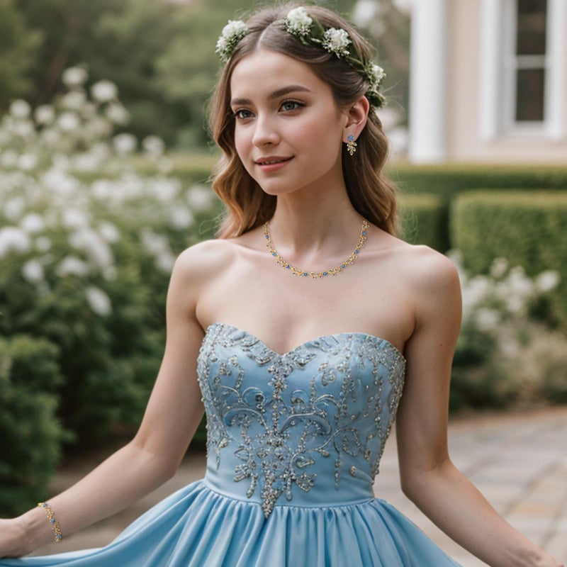 BriLove Wedding Jewelry Set for Women Bride, Gorgeous Stunning Crystal Flower Leaf Cluster Choker Necklace Link Bracelet Stud Earrings for Bridal Bridesmaid Blue Topaz Gold-Tone - Image 3