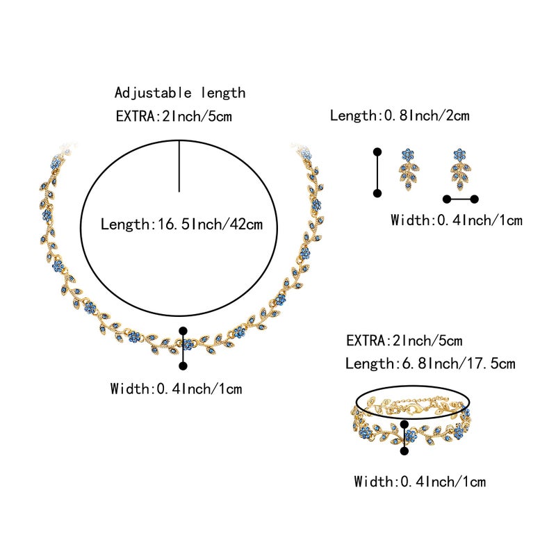 BriLove Wedding Jewelry Set for Women Bride, Gorgeous Stunning Crystal Flower Leaf Cluster Choker Necklace Link Bracelet Stud Earrings for Bridal Bridesmaid Blue Topaz Gold-Tone - Image 5