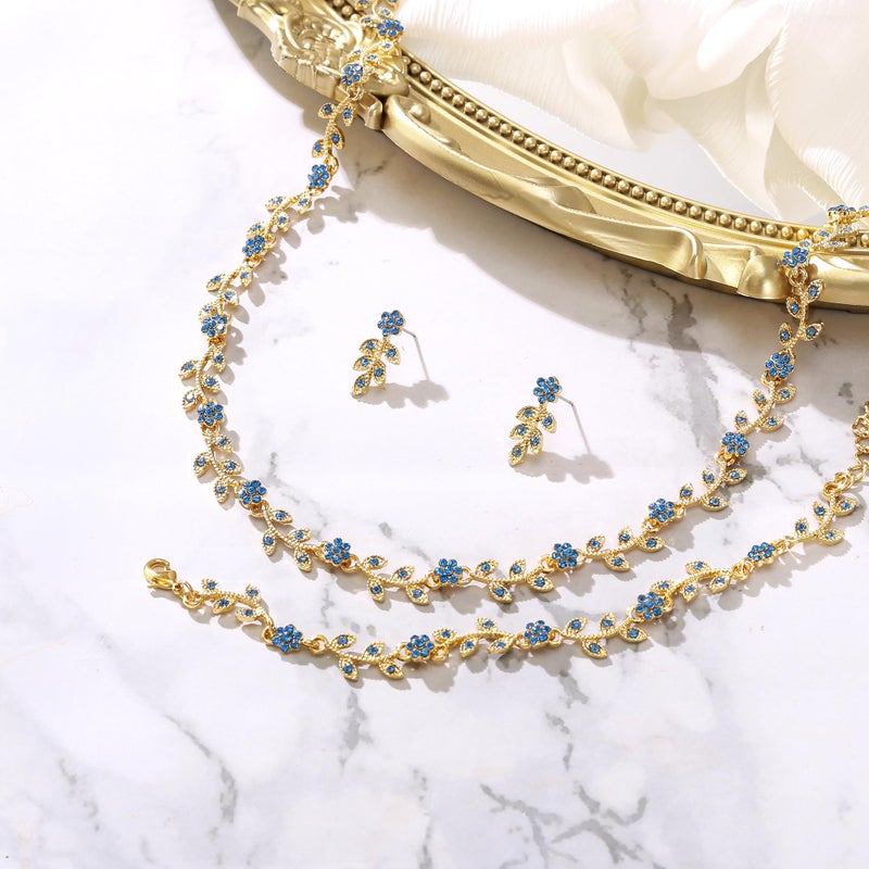 BriLove Wedding Jewelry Set for Women Bride, Gorgeous Stunning Crystal Flower Leaf Cluster Choker Necklace Link Bracelet Stud Earrings for Bridal Bridesmaid Blue Topaz Gold-Tone - Image 4