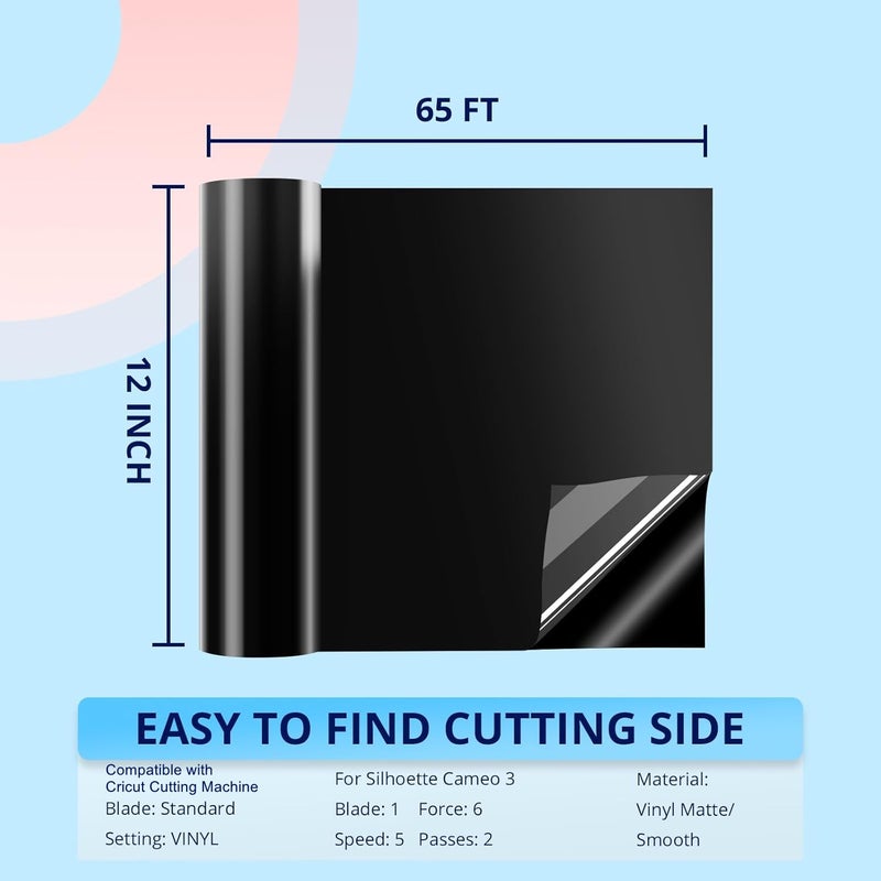 Htvront Black Permanent Vinyl - 12"" X65Ft Matte Black Permanent Adhesive Vinyl Roll Compatible With Cricut Cutting Machine  Silhouette Cameo & Other Cutters  Party & Home Decoration  Sticker - Image 2