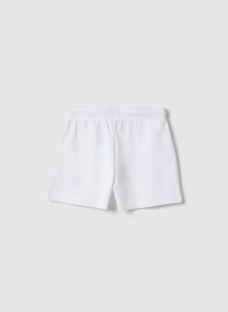 او في اس OVS Girls' Regular Fit Pure White Cotton Shorts Featuring Stitch