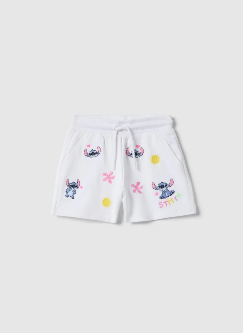 او في اس OVS Girls' Regular Fit Pure White Cotton Shorts Featuring Stitch
