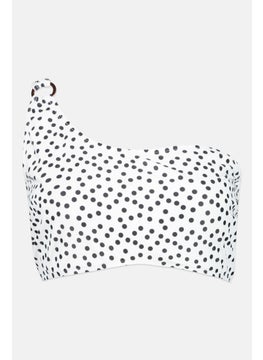 Women Polka Dot One Shoulder Non Padded Wired Bikini Top, White