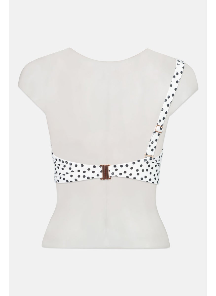 Ivory Rose - Women Polka Dot One Shoulder Non Padded Wired Bikini Top, White - Image 1