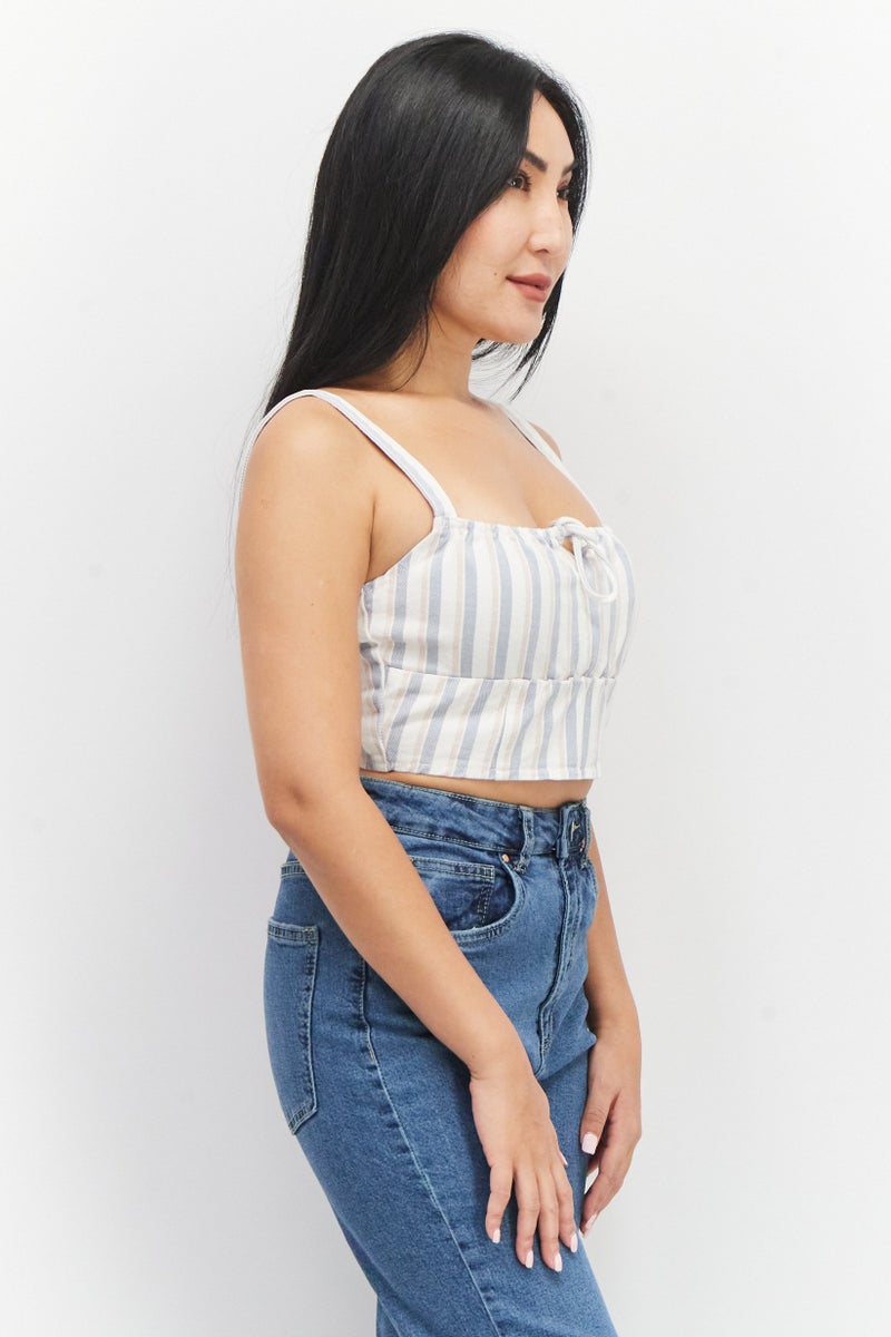 Missguided Women Tie Neck Sleeveless Stripped Crop Top, Off White - Image 3