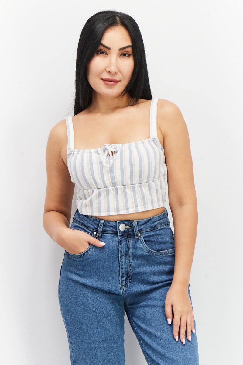 Missguided Women Tie Neck Sleeveless Stripped Crop Top, Off White - Image 1