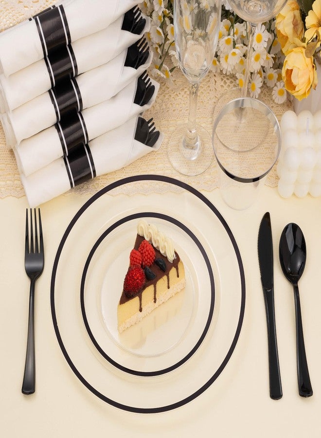 BESTSTAR 175PCS Clear and Black Disposable Plates Set for 25 Guests, 50 Plastic Plates, 25 Cups, 25 Pre-Rolled Napkins with Plastic Cutlery for Party, Birthday, Wedding, Thanksgiving, Christmas - Image 2
