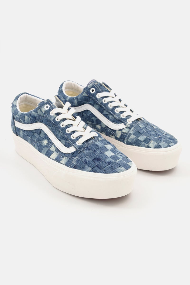 VANS Women Old Skool Checkered Lace up Casual Shoes, Blue/White - Image 1