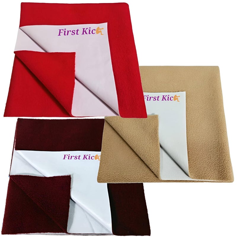 First Kick Waterproof Baby Bed ProtectorMattress Cotton Dry Sheet 100 cm X 70 cm for Born BabyKids CoffeeBeigeRed Medium Pack of 3 - Image 1