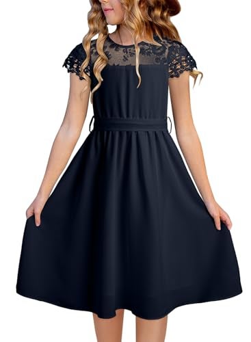 blibean Tween Girls Summer Dresses Kid Short Sleeve Lace Mesh Belted Flower Dress 2025 Party Semi Formal Elegant Fancy Wedding Gust Outfit Solid Casual Dressy Flare Clothes Size 14 15 16 Year Navy - Image 1