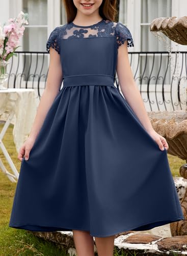 blibean Tween Girls Summer Dresses Kid Short Sleeve Lace Mesh Belted Flower Dress 2025 Party Semi Formal Elegant Fancy Wedding Gust Outfit Solid Casual Dressy Flare Clothes Size 14 15 16 Year Navy - Image 2