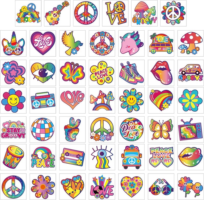 96pcs Glow In The Dark Hippie Tattoos Stickers Groovy 70s 80s 90s Temporary Tattoos for KidsWaterproof Love and Peace Sign Luminous Face Tattoos Flower Power Rainbow Hippie Theme Party