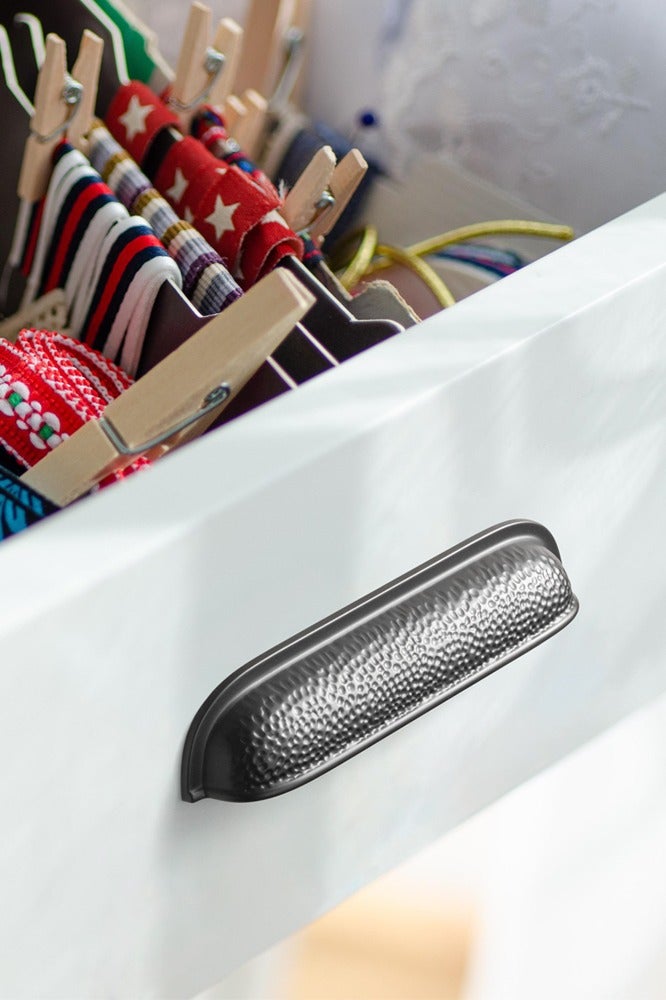 Goo-Ki 6 Pack Matt Black Hammered Texture Cabinet Cup Pulls with Curved Edges Elegant Vintage Drawer Bin Handle for Kitchen  - Image 4