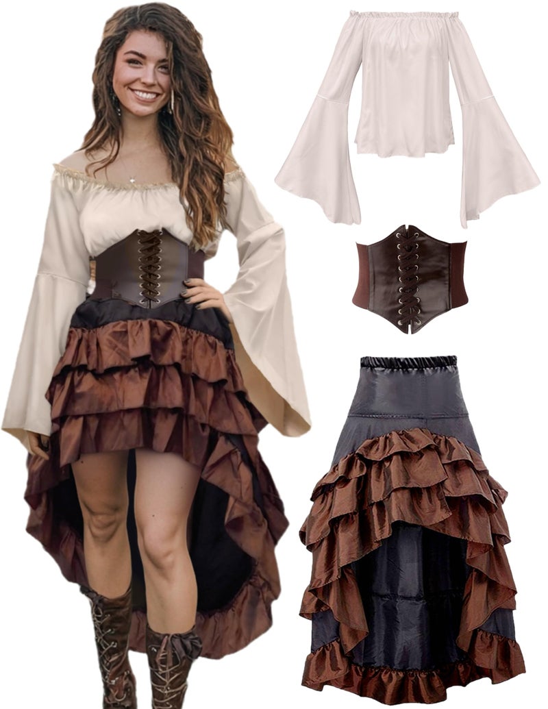 Verceco Pirate Costume Women Outfit with Renaissance Pirate Shirt Skirt Corset Waist Belt Womens Halloween Pirate Costumes BeigeBrown L - Image 2