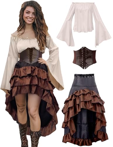 Verceco Pirate Costume Women Outfit with Renaissance Pirate Shirt Skirt Corset Waist Belt Womens Halloween Pirate Costumes BeigeBrown L - Image 1