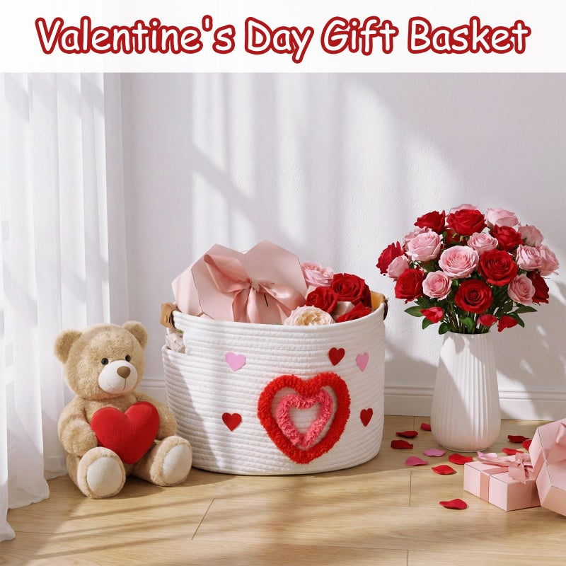 Yookeer Valentine Gift Basket with Handles, Cute Woven Heart Basket for Stuffers, Simplicity Valentine Cotton Rope Storage for Gifts Toy Room Decor - Image 5