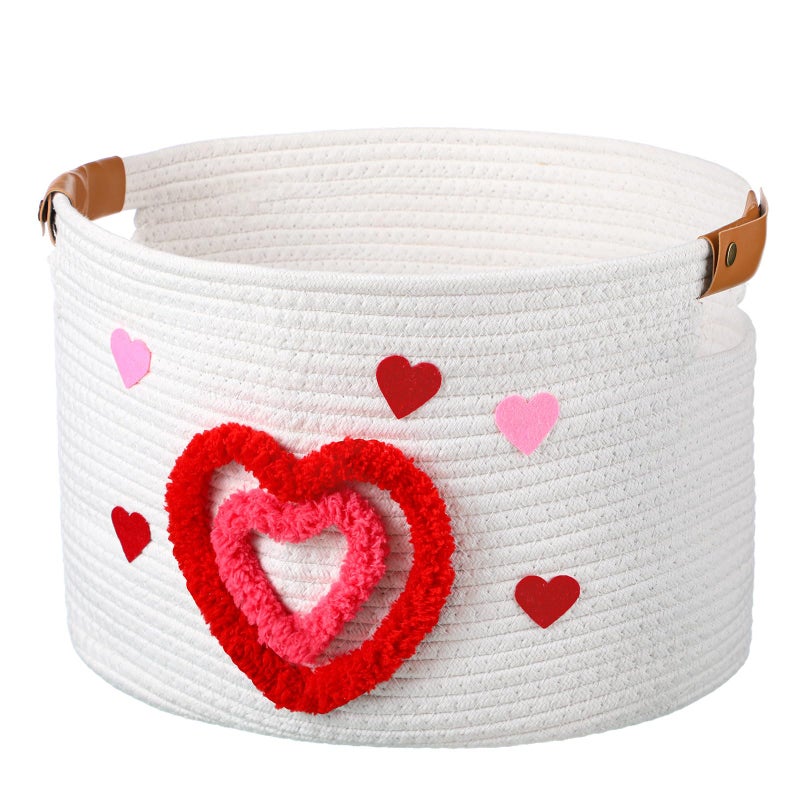 Yookeer Valentine Gift Basket with Handles, Cute Woven Heart Basket for Stuffers, Simplicity Valentine Cotton Rope Storage for Gifts Toy Room Decor - Image 1