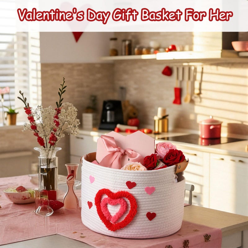 Yookeer Valentine Gift Basket with Handles, Cute Woven Heart Basket for Stuffers, Simplicity Valentine Cotton Rope Storage for Gifts Toy Room Decor - Image 4