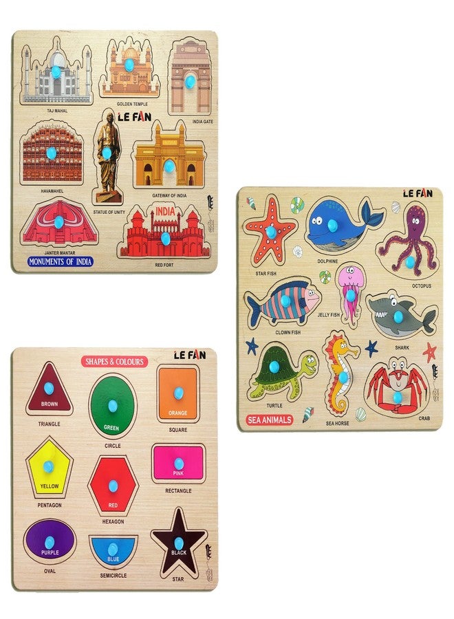 Lefan® Kids Fort Nursery Educational Jigsaw Puzzles for Adults Kids Learning Toys Kit Board Game 3 pcs Set of Monuments of India Sea Animals & Shapes & Colour Educational Toy - Image 1