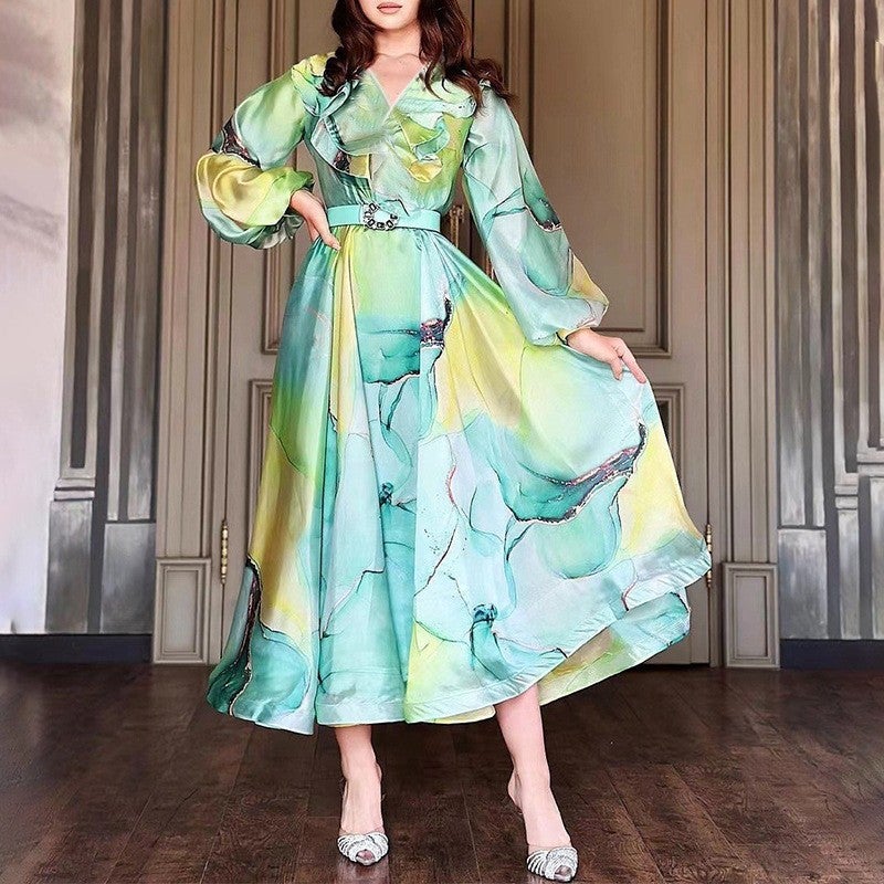 High-end dress high-grade beautiful ink color classical large swing dress double-layer lotus collar high waist fairy dress blue purple  - Image 2