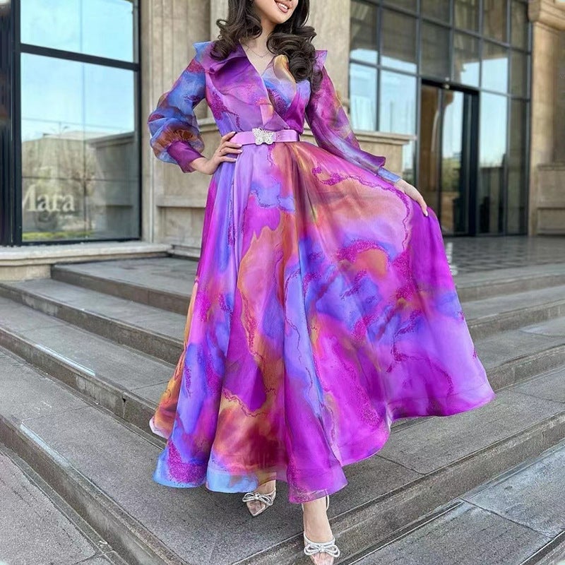 High-end dress high-grade beautiful ink color classical large swing dress double-layer lotus collar high waist fairy dress blue purple  - Image 4