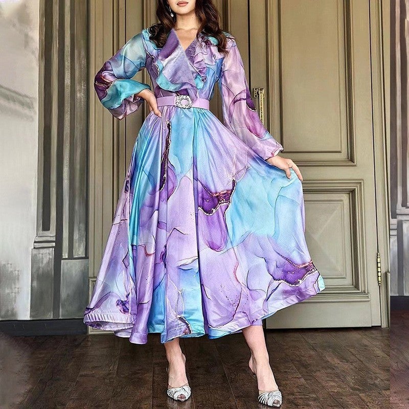 High-end dress high-grade beautiful ink color classical large swing dress double-layer lotus collar high waist fairy dress blue purple  - Image 1