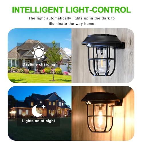 iodoo 2 Pack Solar Lantern Wall Lights Fixtures with Motion Sensor, Solar Powered Porch Light, Vintage Hanging Solar Wall Sconce Outdoor,for Porch, Yard - Image 2