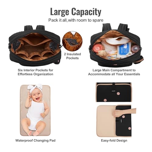 GOBABYMART Diaper Bag Backpack, Medium Maternity baby bag & Changing Pad, Insulated Pockets, Stroller Straps & Pacifier Case (Medium - Black Flowers) - Image 4