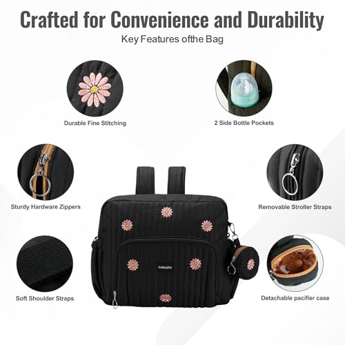GOBABYMART Diaper Bag Backpack, Medium Maternity baby bag & Changing Pad, Insulated Pockets, Stroller Straps & Pacifier Case (Medium - Black Flowers) - Image 3
