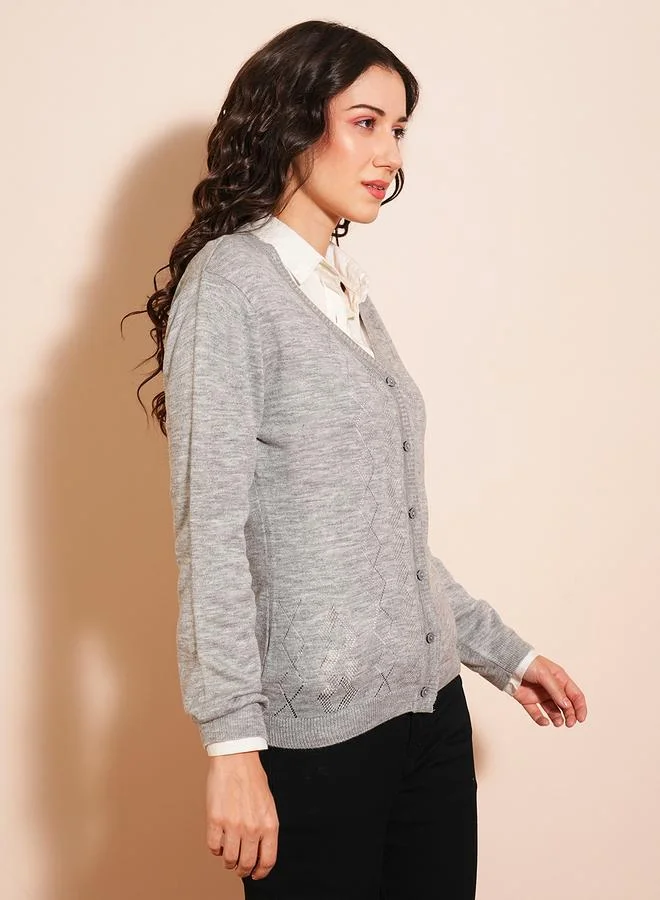 globus Women Grey Ribbed Hem Cardigan Sweater