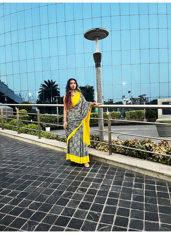 RADHA LAKSHMI ساري نسائي مطبوع يدويًا من قطن إيكات الناعم الخالص من رادها لاكشمي مع قطعة بلوزة، رمادي شامبا، أصفر - Image 4