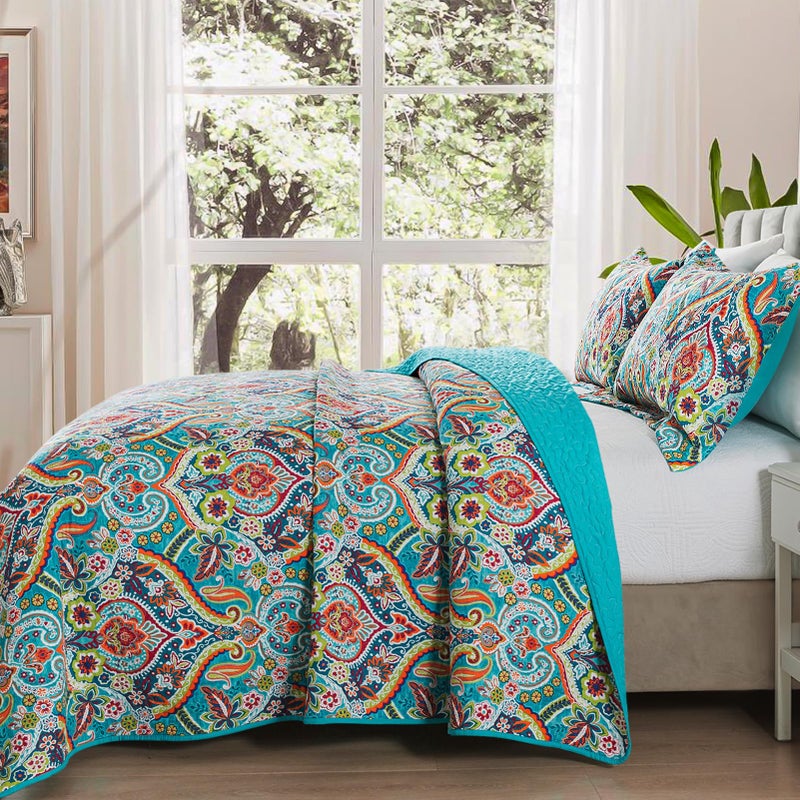 VAPUTAR Quilt Queen Bedding Set - Soft Cotton Quilts with Paisley Floral Pattern - Lightweight Reversible Bedspreads for Farmhouse (3 Pieces, Bright Teal) - Image 3