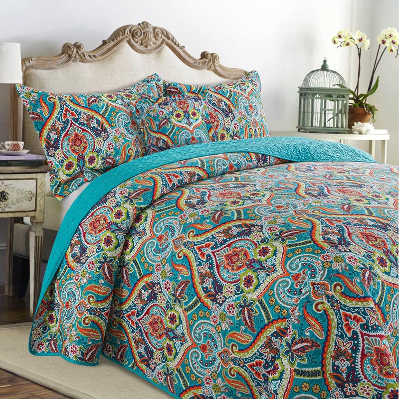 VAPUTAR Quilt Queen Bedding Set - Soft Cotton Quilts with Paisley Floral Pattern - Lightweight Reversible Bedspreads for Farmhouse (3 Pieces, Bright Teal) - Image 2
