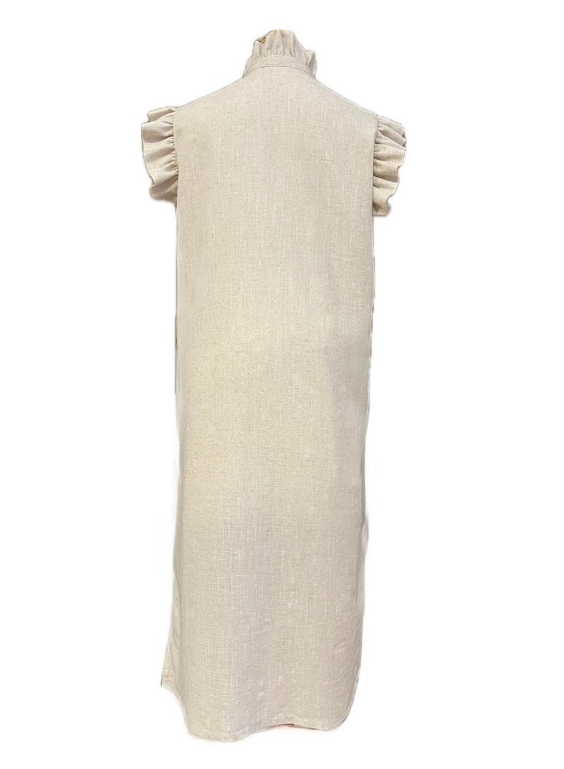 SOLOBUY Linen Dress, Light Beige, Cotton Lining, Ruffle Collar, Slits, Loose Fit, Ruffle Sleeves  - Image 2