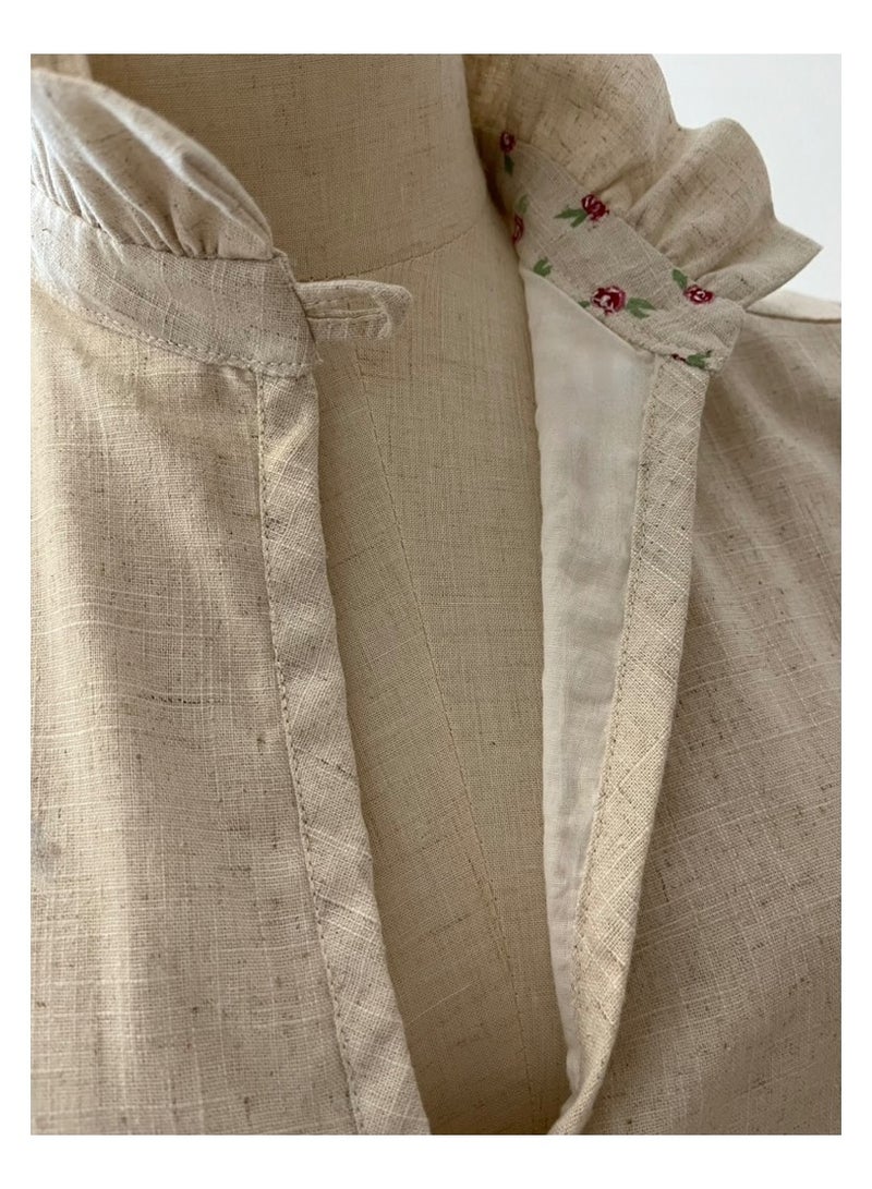 SOLOBUY Linen Dress, Light Beige, Cotton Lining, Ruffle Collar, Slits, Loose Fit, Ruffle Sleeves  - Image 3