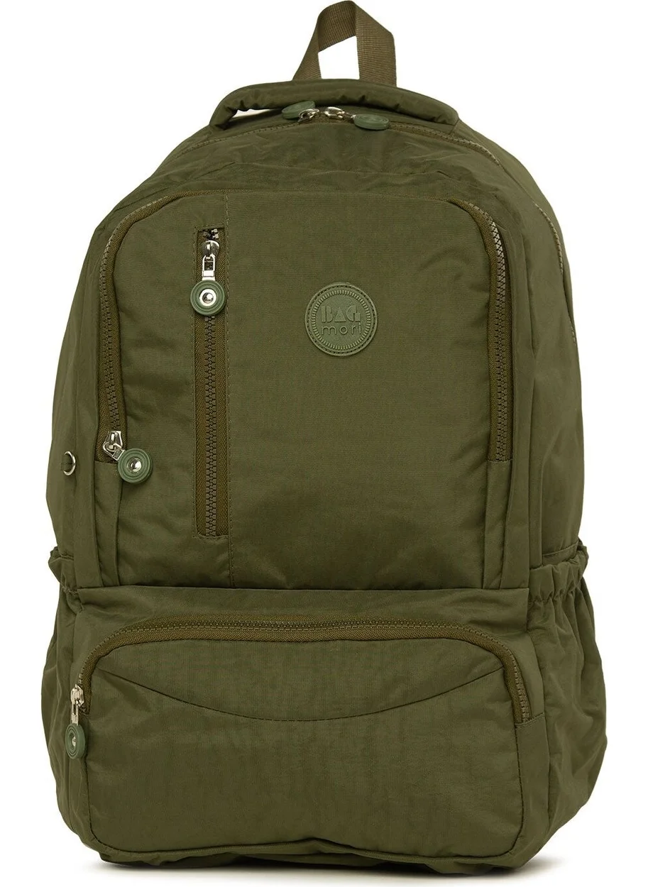 باجموري Khaki Large Parachute Backpack with Oval Pockets and Vertical Zipper
